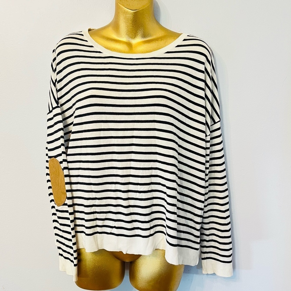 Zara Knit Striped Sweater Black White Elbow Patch Medium Casual Nautical - Picture 2 of 5